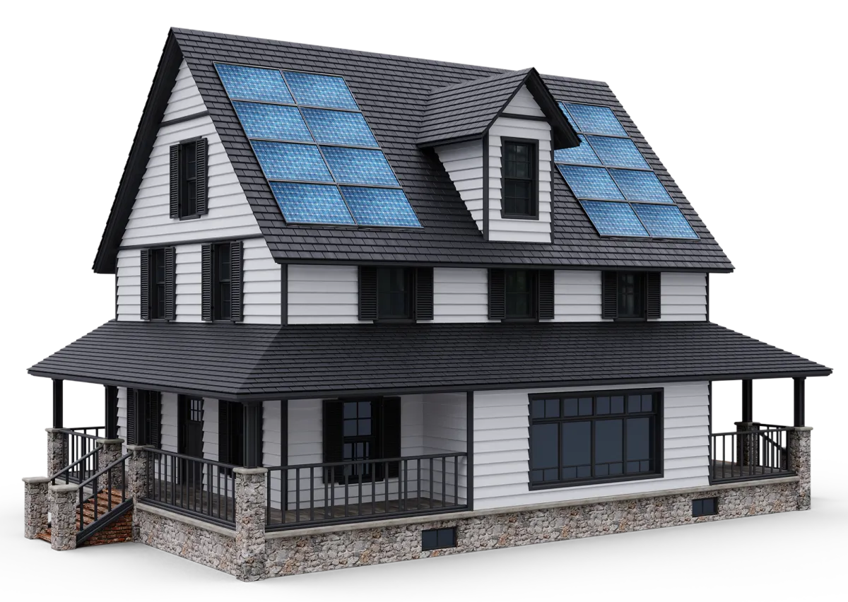 Modern American home with rooftop solar panels, showcasing a clean energy solution for reducing electric bills and boosting home efficiency through solar power.