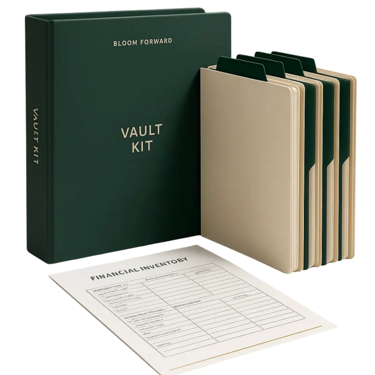 The Bloom Forward Vault Kit binder, digital organizers, and financial inventory documents preview