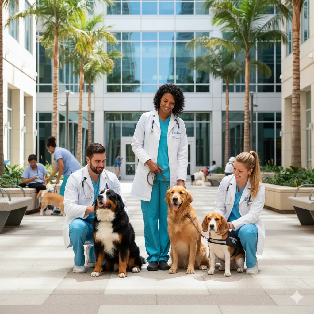 Cuatro profesionales (dos mujeres, dos hombres) en uniformes de veterinaria y grooming, posando juntos en la clínica de Fantasía Animal. Fondo moderno con detalles en madera clara y plantas, transmitiendo confianza, experiencia y calidez en el trato animal.