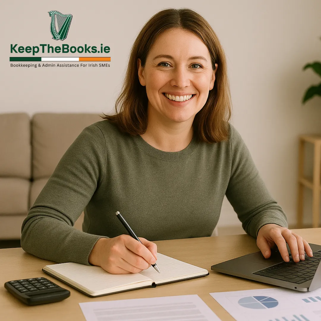 Ad for KeepTheBooks.ie: Smiling woman doing bookkeeping work at a desk with a calculator and laptop.