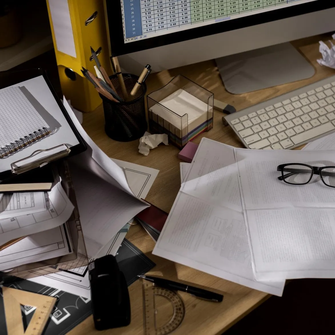 A cluttered and messy desk with stacks of papers, a computer monitor showing a spreadsheet, and eyeglasses.