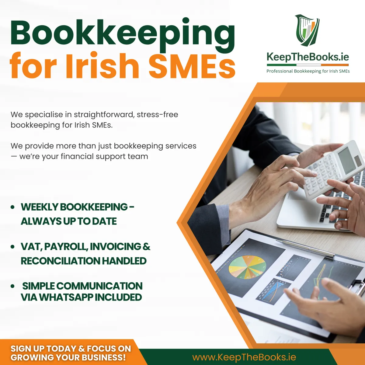 Ad for KeepTheBooks.ie: Bookkeeping and admin help for Irish SMEs. Tradesman on phone by a laptop. Services listed include payroll, VAT, and reports with a fixed monthly fee.