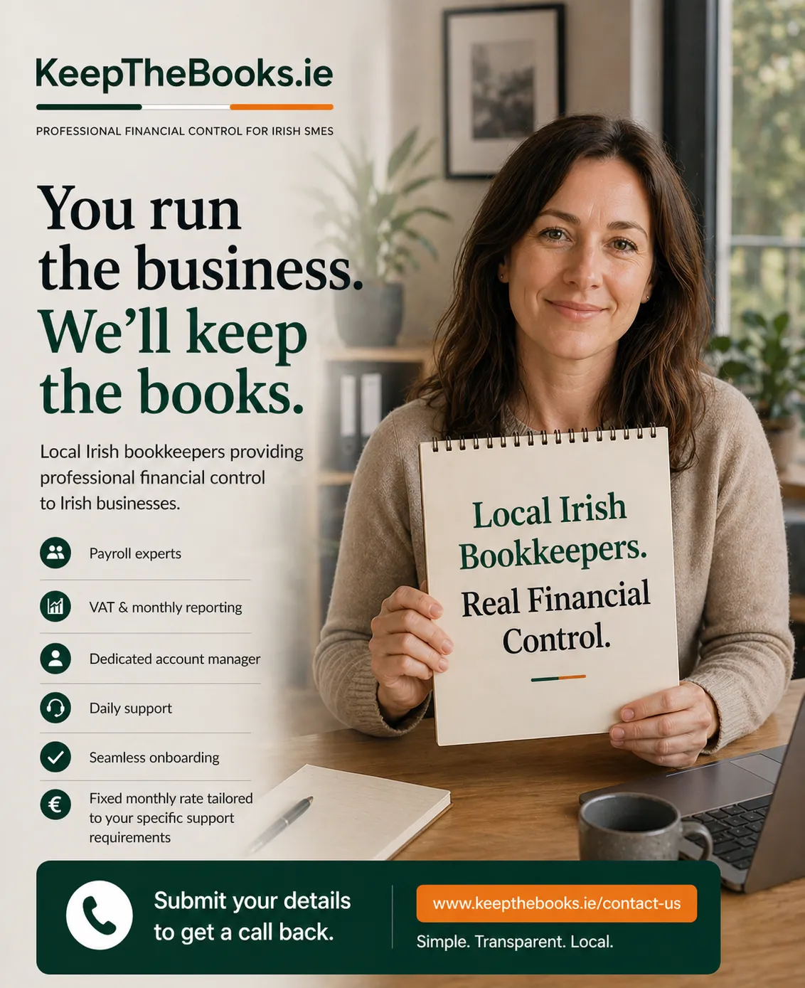 Ad for KeepTheBooks.ie: Bookkeeping and admin help for Irish SMEs. Tradesman on phone by a laptop. Services listed include payroll, VAT, and reports with a fixed monthly fee.