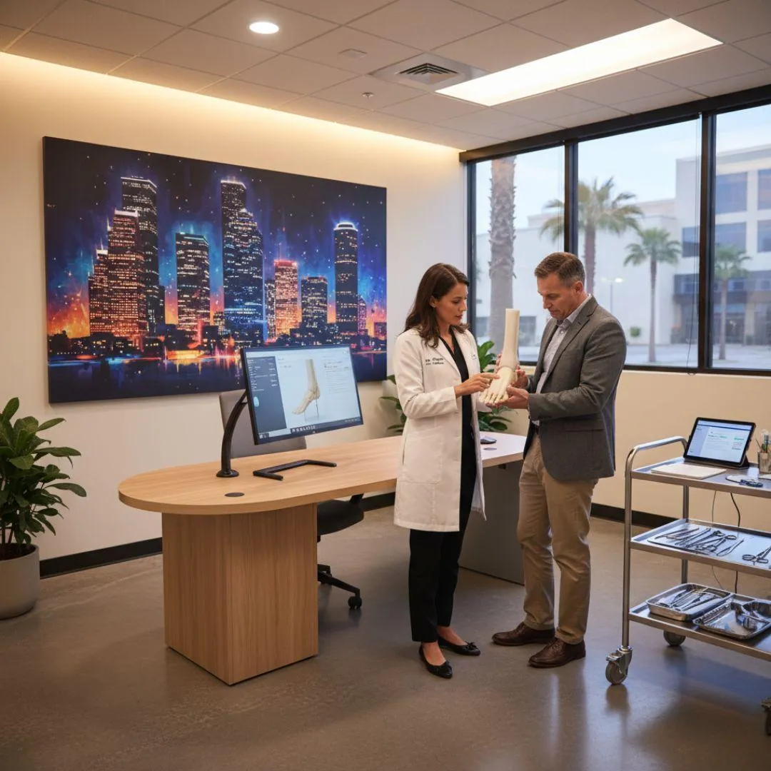 Houston podiatrist explaining minimally invasive bunion surgery with 3D foot model