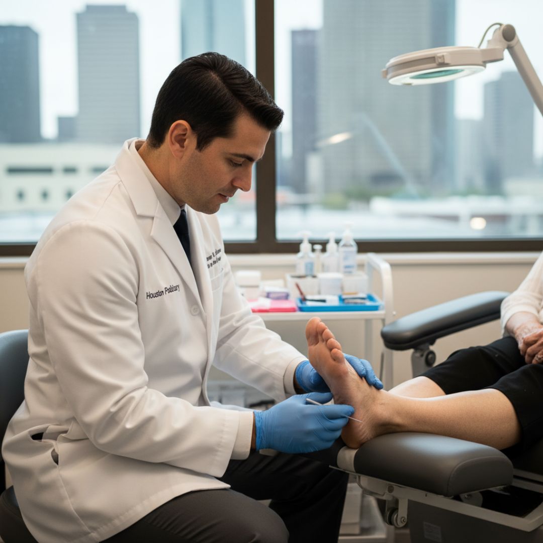 Houston podiatrist providing diabetic foot care exam in clinic