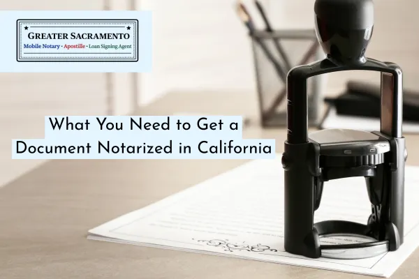Mobile notary in Sacramento, CA notarizing documents with official seal and signed paperwork