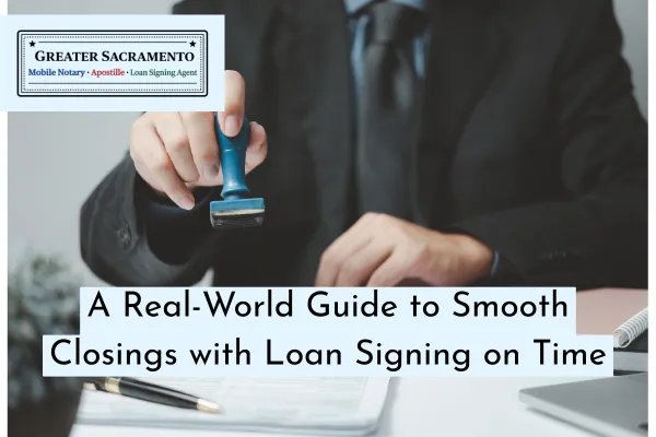 Loan signing agent in Sacramento, CA with loan documents and a home closing checklist