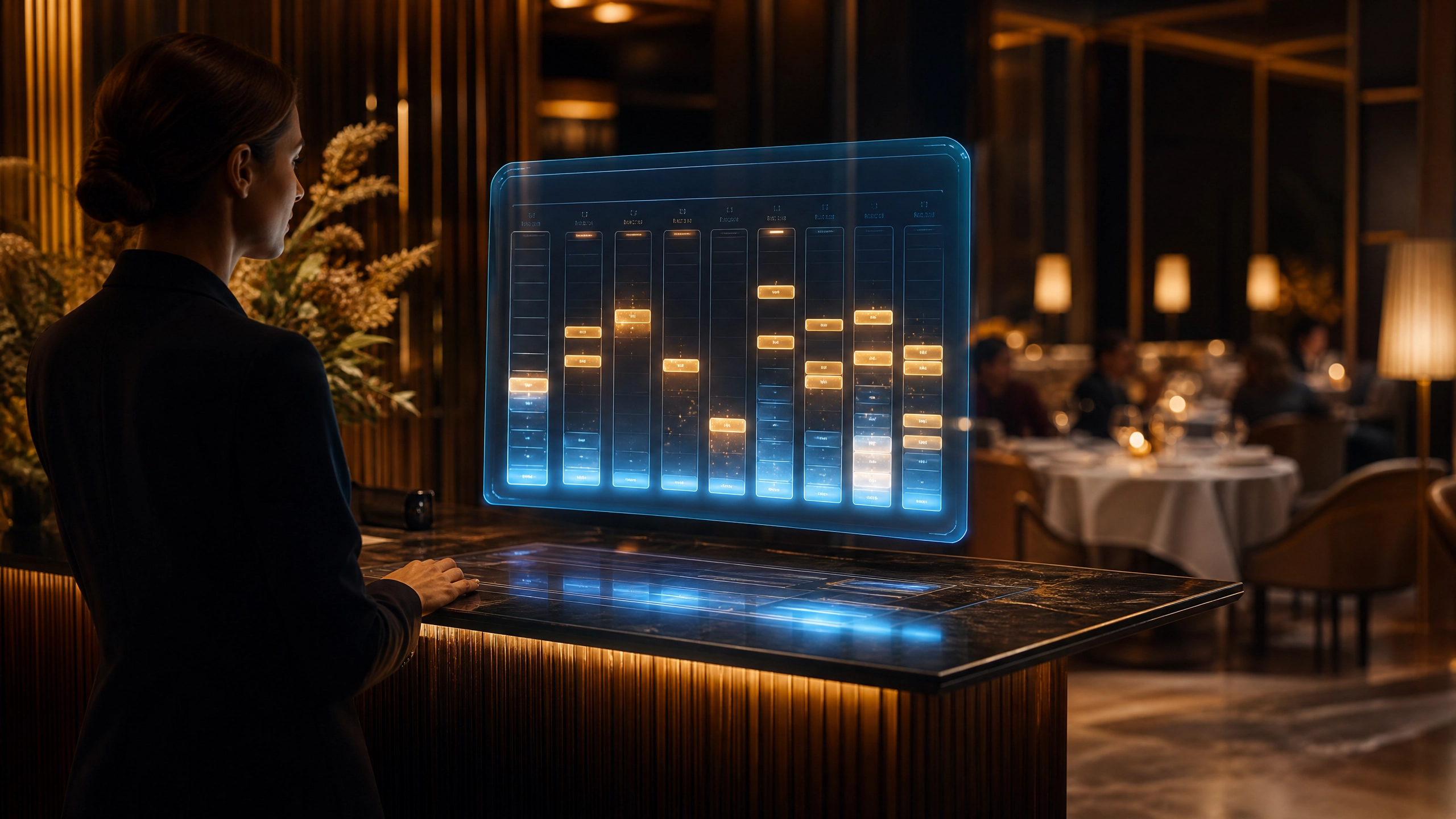 A sleek, futuristic glowing digital interface hovering over a warmly lit, elegant restaurant hostess stand, showing abstract reservation slots filling up. No text, letters, or words.