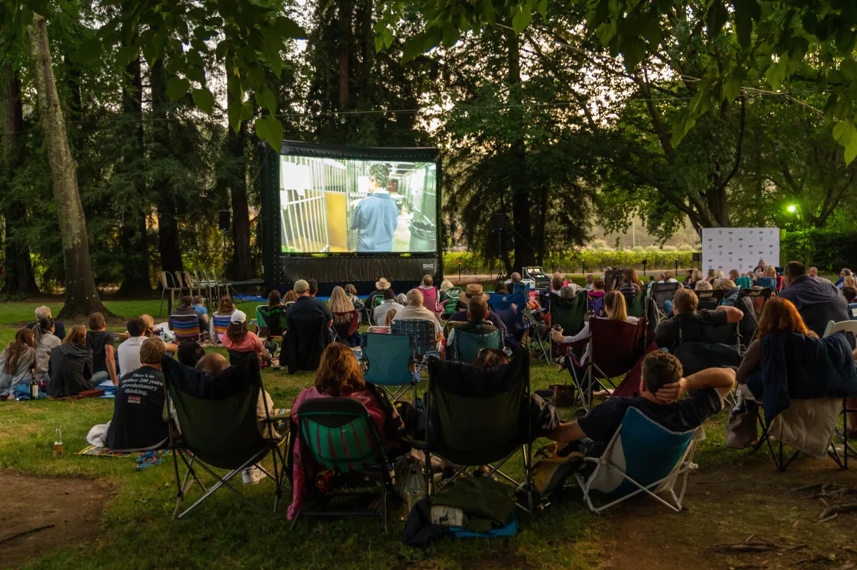 bright outdoor movie screen showing movie at dusk