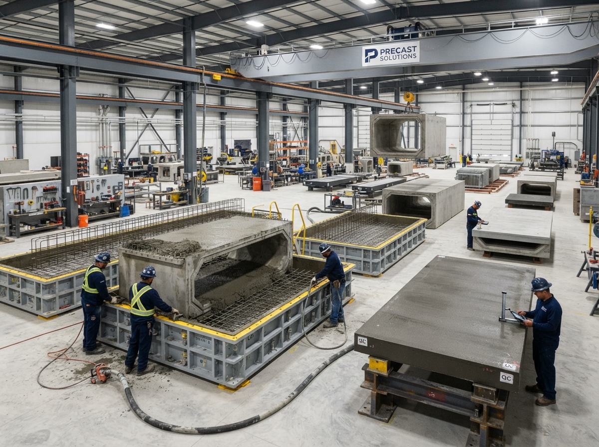 Wide interior shot of a large industrial manufacturing facility. Several workers in high-visibility gear are working on large concrete molds and precast structures. Overhead cranes and various tools are visible in the bright, busy factory environment.