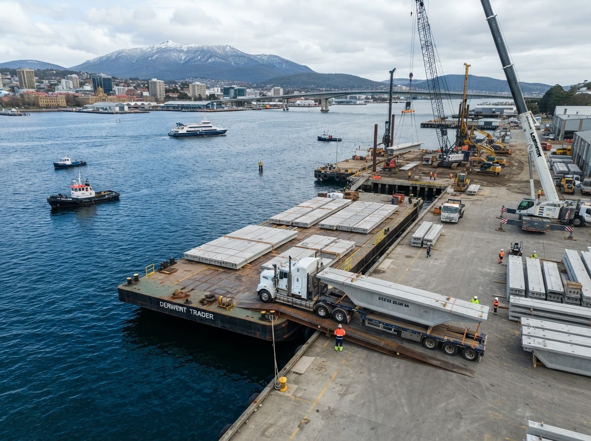 A crane on a flat barge in a river lifting large concrete structures from flatbed trucks parked on the shore, with mountains and cloudy sky in the background.
