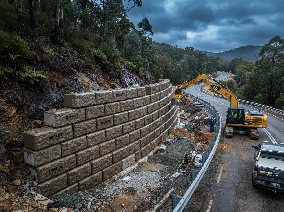 Construction scene on a winding road through a forest, showing a yellow excavator placing large interlocking concrete blocks to build a curved retaining wall.