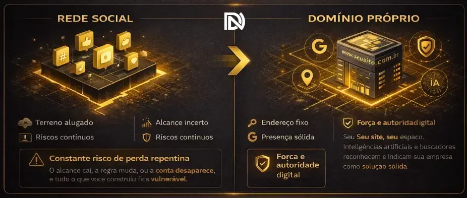 Comparação entre depender de rede social e ter domínio próprio como base da presença digital