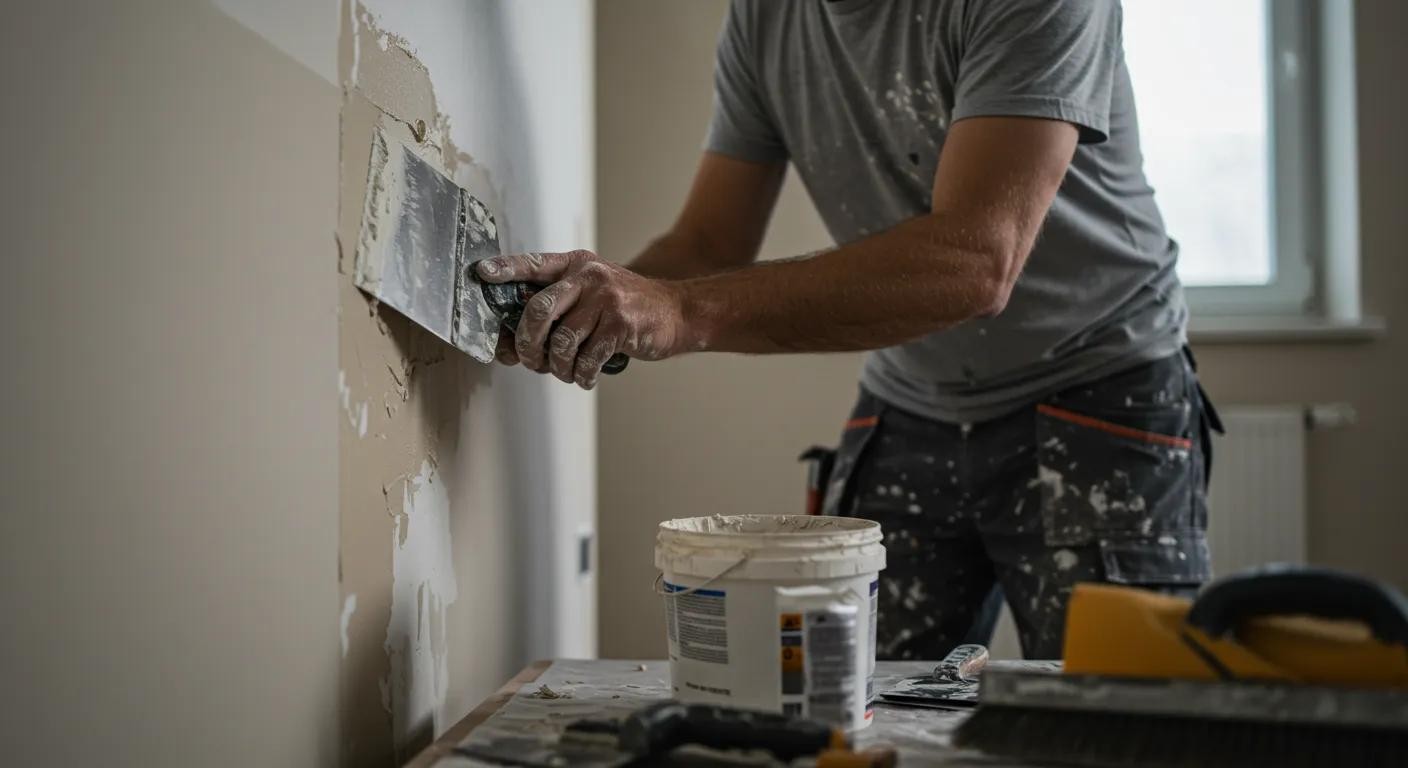 Professional painter repairing and preparing an interior wall for painting