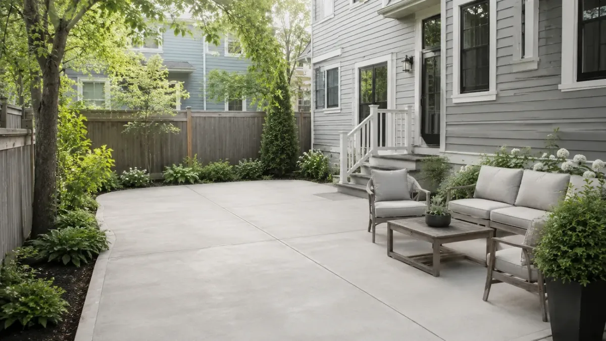 Custom concrete patio installation in Cambridge, MA creating a clean and functional outdoor living space.