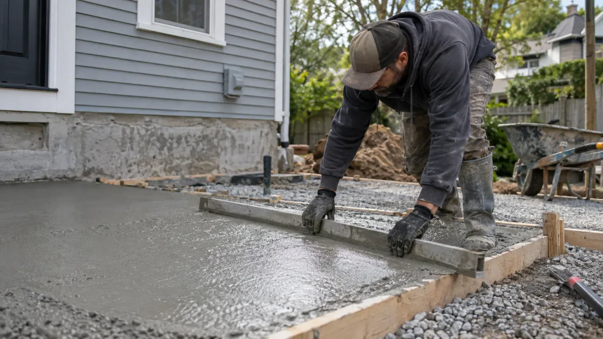 Concrete contractor leveling freshly poured concrete during an installation project in Cambridge, Massachusetts
