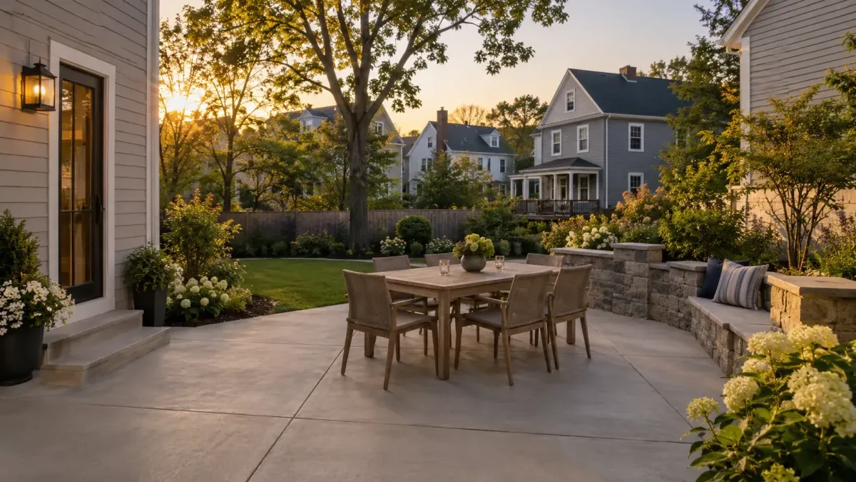 Finished concrete backyard patio at a residential home in Cambridge, MA