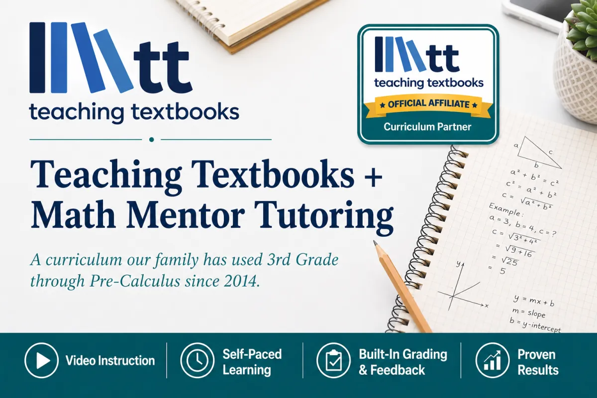 Teaching Textbooks homeschool math curriculum banner with Math Mentor Tutoring affiliate badge, video instruction, self-paced learning, built-in grading and feedback, and college prep math support for homeschool students from 3rd Grade through Pre-Calculus.