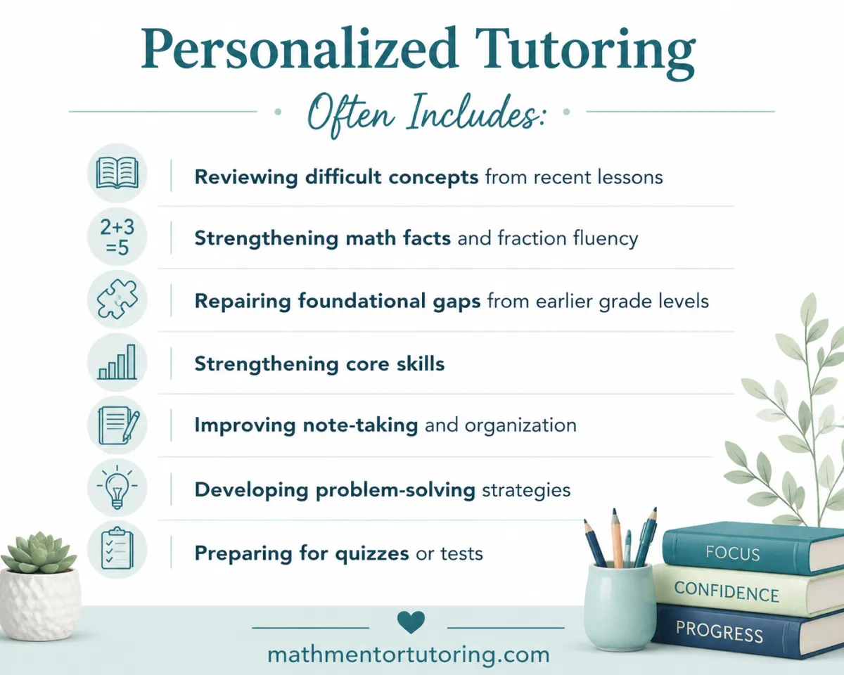 Personalized math tutoring infographic from Math Mentor Tutoring featuring support with reviewing difficult math concepts, strengthening math facts and fraction fluency, repairing foundational gaps, improving note-taking, developing problem-solving strategies, and preparing for quizzes and tests.