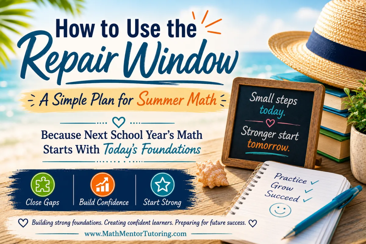 Summer math planning graphic titled "How to Use the Repair Window: A Simple Plan for Summer Math" featuring a beach-themed scene that emphasizes closing math gaps, building confidence, strengthening foundations, and helping students start the next school year strong.