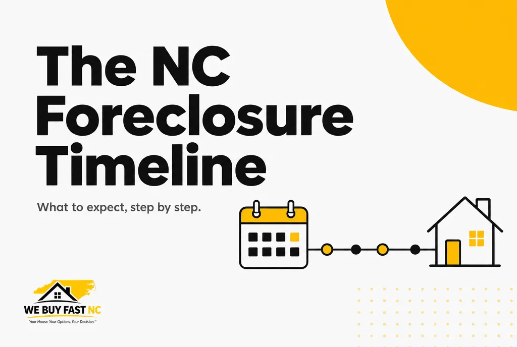 Illustration of the North Carolina foreclosure timeline with a calendar and house icon