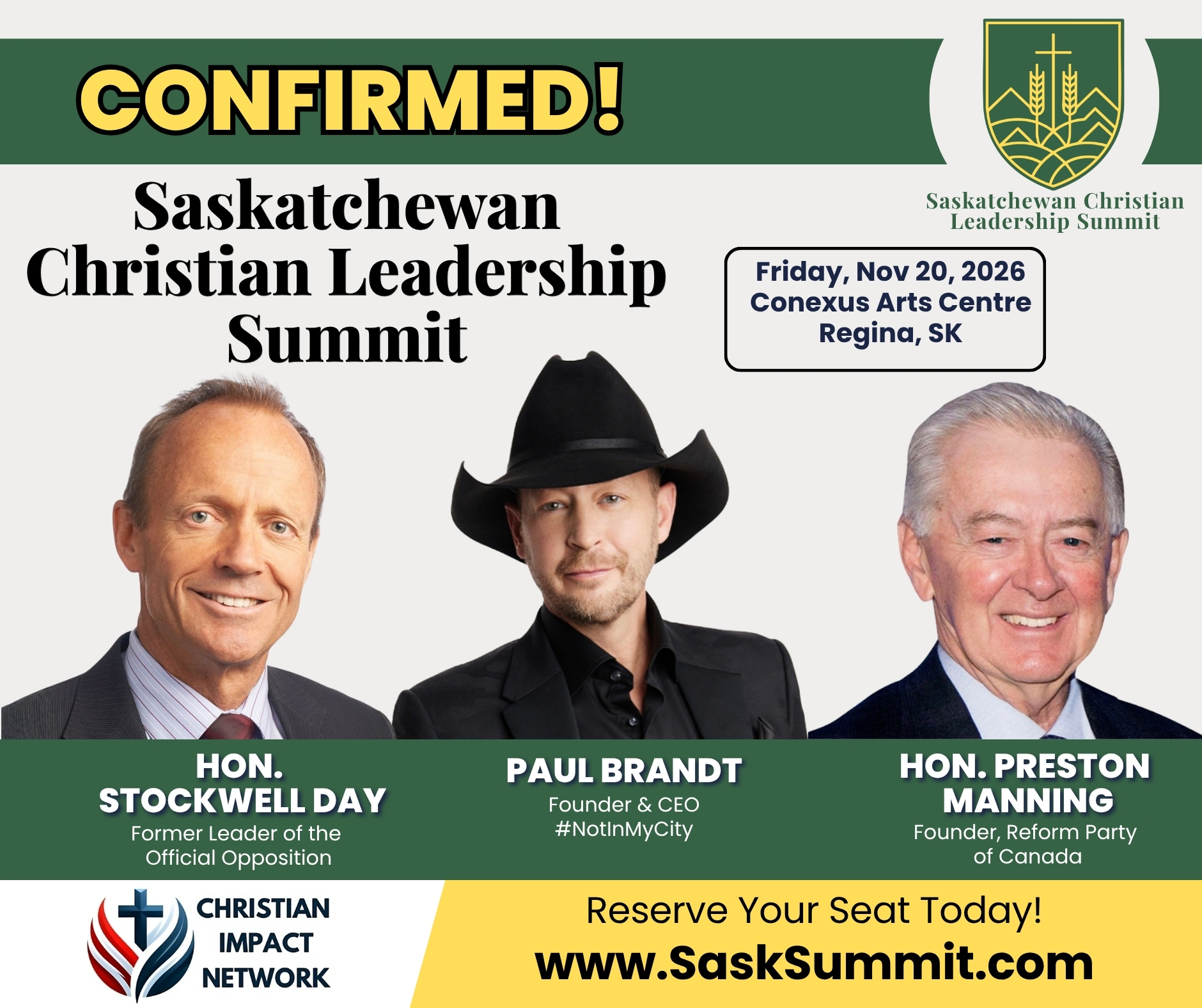 Saskatchewan Christian Leadership Summit — Paul Brandt, Stockwell Day and Preston Manning — November 20, 2026