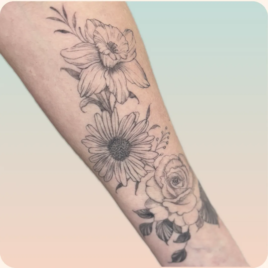 Las Vegas Floral Tattoo Artist Custom Birth Flower Floral Tattoo on the Forearm, Las Vegas Floral Tattoo Artist Forearm Floral Tattoo with Birth Flowers, Las Vegas Floral Tattoo Artist, Las Vegas Fine Line Tattoo Artist