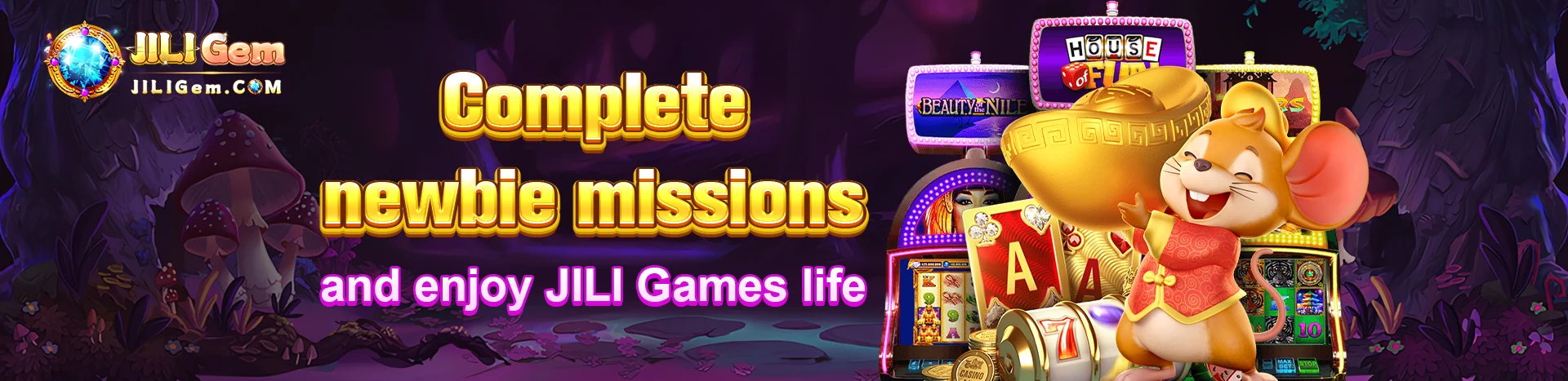 Jiligem Casino Newbie Mission – Welcome rewards and tasks for new players to start their gaming adventure, with vibrant casino-themed graphics and icons.