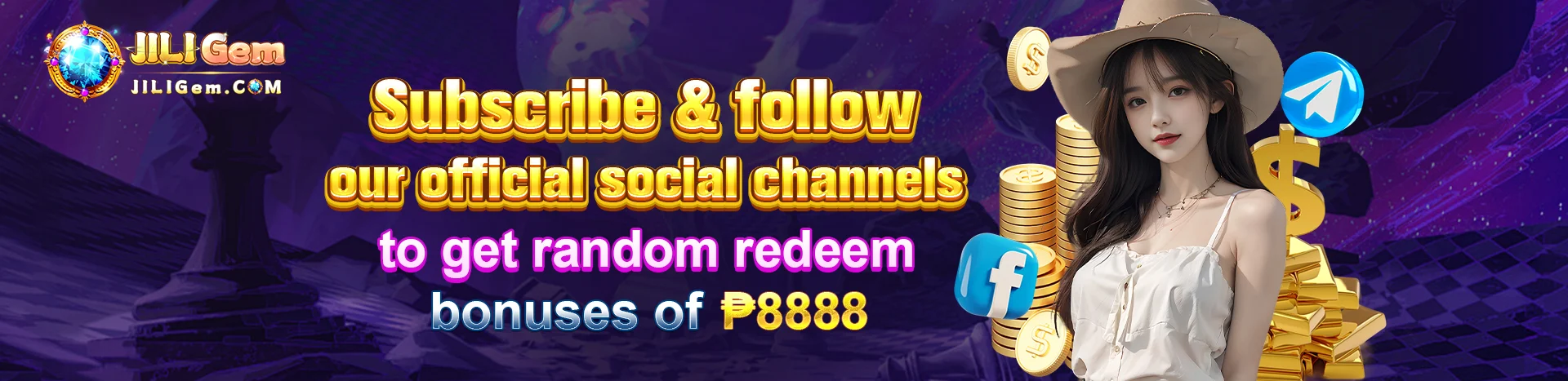 Subscribe and follow Jiligem Casino for a chance to receive a random redeemable reward. Featuring exciting gaming elements and bonus icons.