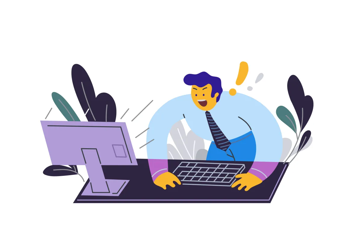 Illustration of a surprised business professional reacting to unexpected results on a computer, representing the impact of common marketing mistakes that keep great businesses invisible.