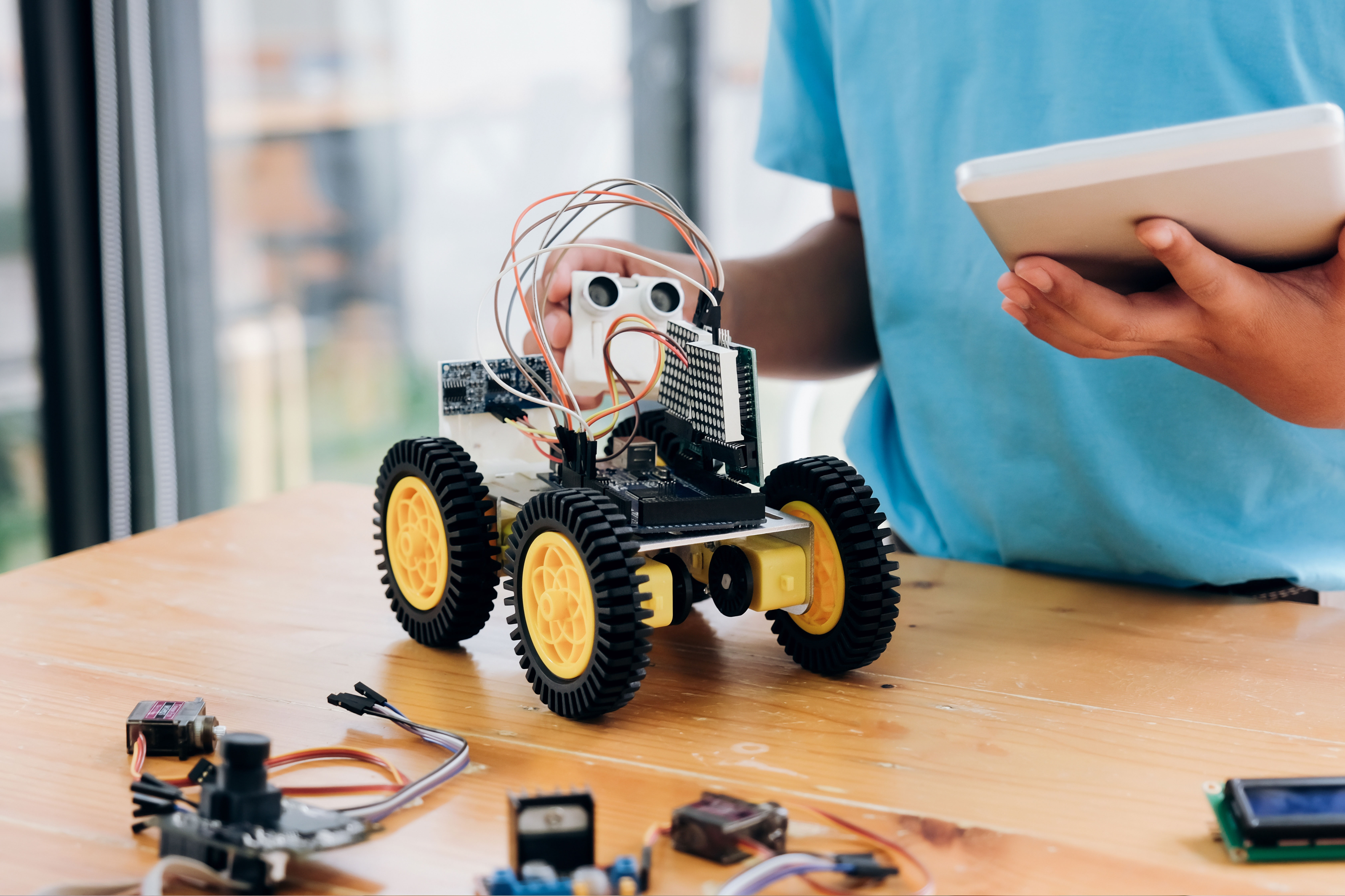 Lego robot assembled on desk