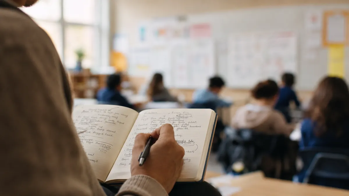 A warm, natural photograph of an administrator's hand holding a pen and writing in an open notebook, with the classroom visible but out of focus in the background. The notebook page shows handwritten notes — clearly real handwriting, with arrows, underlines, abbreviations, and a few lines crossed out. The pen is mid-stroke, not posed. The administrator's face is not visible; the frame is composed from over the shoulder or from the side, focused on the notebook and the act of writing. Soft daylight, warm and slightly muted color palette. The classroom in the background includes the suggestion of students working, anchor charts on the wall, and natural classroom texture — all softly out of focus. Shallow depth of field with the notebook and hand sharp in the foreground. Documentary editorial style, like an education-magazine photo essay. Horizontal 16:9 composition with clean negative space in the upper right for headline text overlay. No readable text on the notebook page — the handwriting should look like genuine notes but not produce decipherable words. No school or district branding visible. No identifiable student faces.