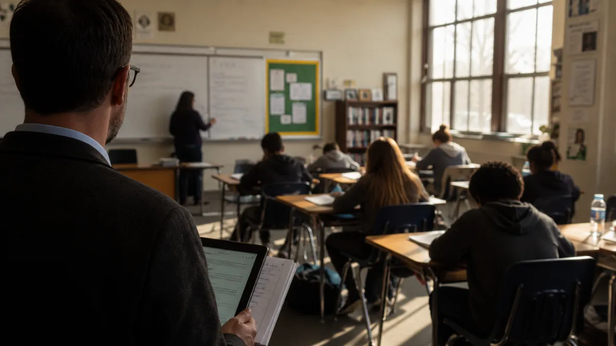A 16:9 documentary editorial photograph. Over-the-shoulder perspective from behind a middle-school administrator standing quietly at the back of a classroom during a walkthrough observation. The administrator holds an iPad partially visible in the lower-left of the frame, with a few handwritten note pages tucked under the device. The classroom ahead is in soft natural focus — students at desks working independently, the teacher visible from the side or back near a whiteboard at the front. Late-morning sunlight streams through tall classroom windows on the right, casting warm directional light across the desks and floor. Muted naturalistic color palette: warm browns, soft creams, classroom blue-gray, the green of a bulletin board. National Geographic / The Atlantic / Education Week aesthetic. Shallow depth of field, rule-of-thirds composition, the administrator's shoulder and tablet in the lower-left third, classroom action receding into the middle distance. Mood is quiet, professional, observational — not staged. Avoid: stock-photo aesthetic, exaggerated smiles, fluorescent lighting, identifiable faces (keep all faces obscured by angle, soft focus, or framing), Tennessee state flags or heavy-handed locator imagery, text overlays, branded laptop/tablet logos, group huddles, high-fives, or any "celebratory" imagery.