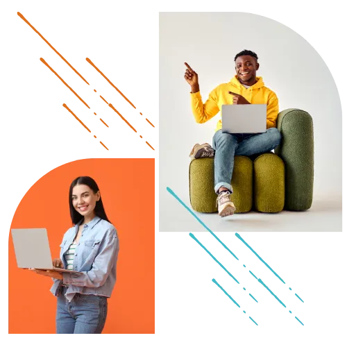 Image of a man on a laptop pointing and a woman on a laptop