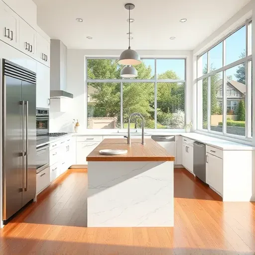 Renovated Scripps Ranch kitchen with white marble countertops, stainless steel appliances, wooden island, subway tile backsplash, and hardwood floors
