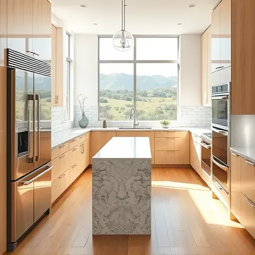 Remodeled Fallbrook CA kitchen with granite countertops, stainless steel appliances, light wood cabinets, and scenic view