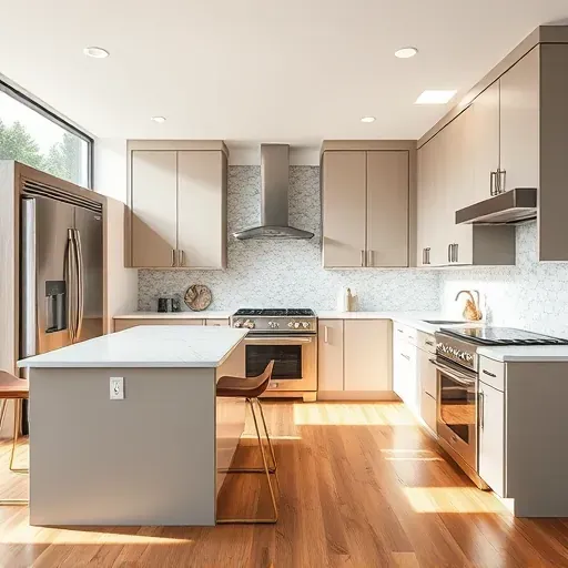 Remodeled modern Encinitas kitchen with matte cabinets, granite island, stainless appliances, hardwood floors, coastal window treatments