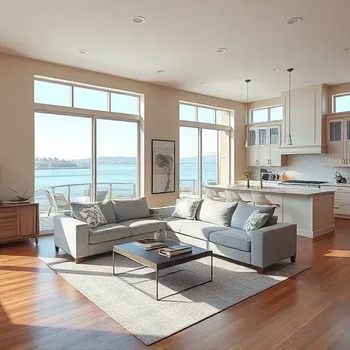 Beautifully remodeled Lake San Marcos home features a sunlit living room with modern decor and coastal elegance.