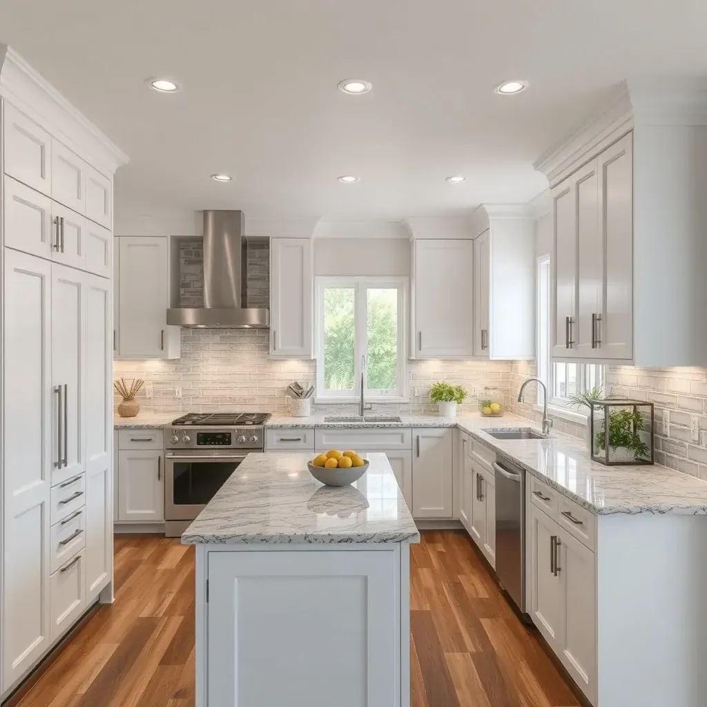 Modern Leucadia kitchen with quartz countertops, custom wood cabinets, stainless steel appliances, large windows, coastal tile backsplash.