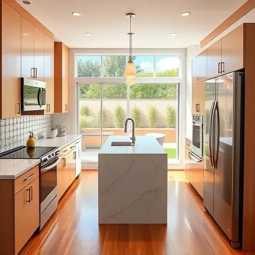 Remodeled modern kitchen in Torrey Highlands California with granite counters stainless appliances and natural light