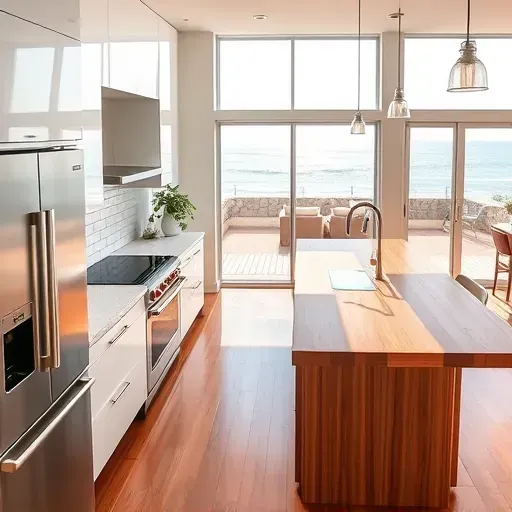 Modern remodeled Leucadia kitchen with quartz countertops stainless steel appliances wooden island hardwood floors and coastal views