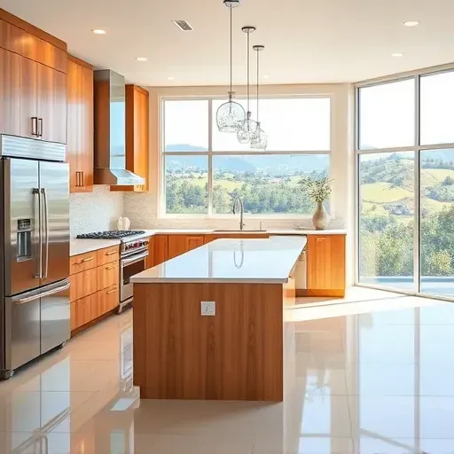 Remodeled Harmony Grove CA kitchen with warm wood cabinets stainless steel appliances marble island lighting lush view