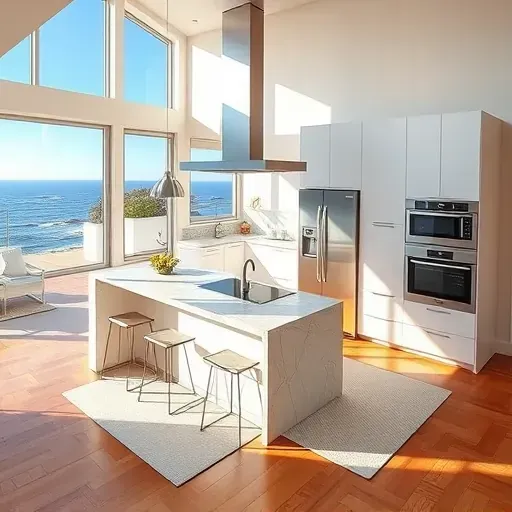 Remodeled Solana Beach kitchen with matte modern cabinetry, marble countertops, central island, stainless steel appliances, coastal views, and hardwood flooring