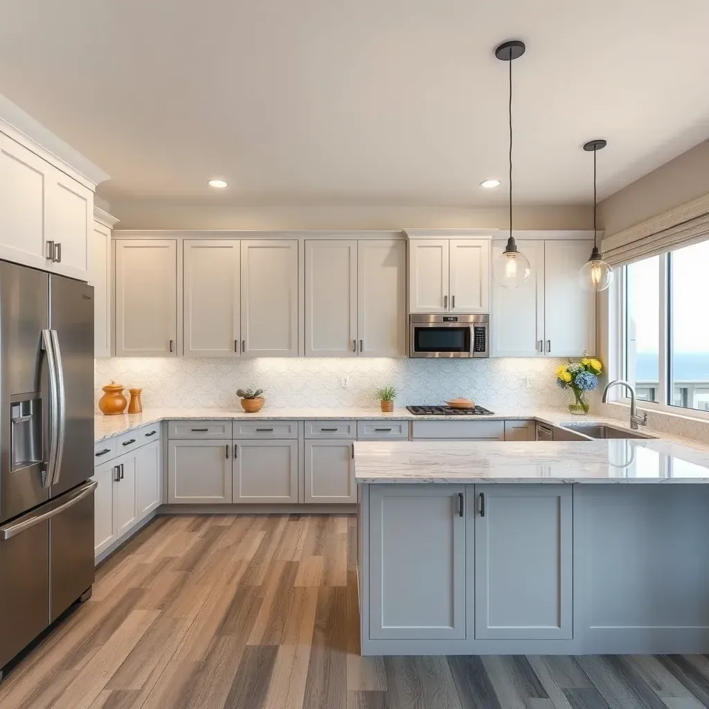 Modern Oceanside kitchen with white quartz counters, ocean views, sleek cabinetry, island, stainless appliances, and coastal decor.