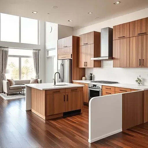 Remodeled Escondido kitchen with warm wood cabinets, quartz island, stainless steel appliances, hardwood floors, and natural light