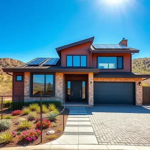 Modern home remodeling in San Elijo Hills with stone and wood siding, eco-friendly features, and lush landscaping.