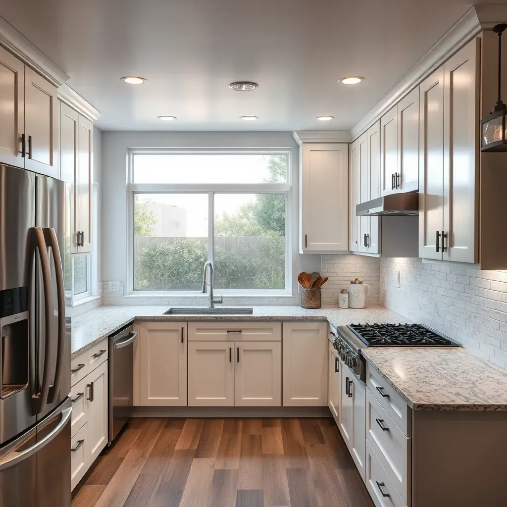 A modern kitchen in Normal Heights, CA, featuring sleek cabinets, granite countertops, and bright, natural lighting.