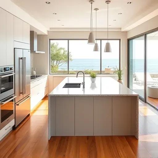 Remodeled Oceanside kitchen with matte modern cabinetry, granite countertops, stainless steel appliances, hardwood floors, and coastal views