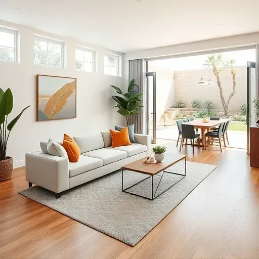 Modern Encinitas living room with oak floors, bright windows, and chic decor emphasizing coastal elegance.