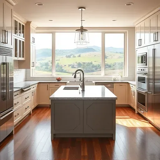 Renovated Morro Hills kitchen with modern neutral cabinets granite countertops stainless steel appliances large island pendant lighting subway tile backsplash farmhouse sink scenic hills view hardwood floors